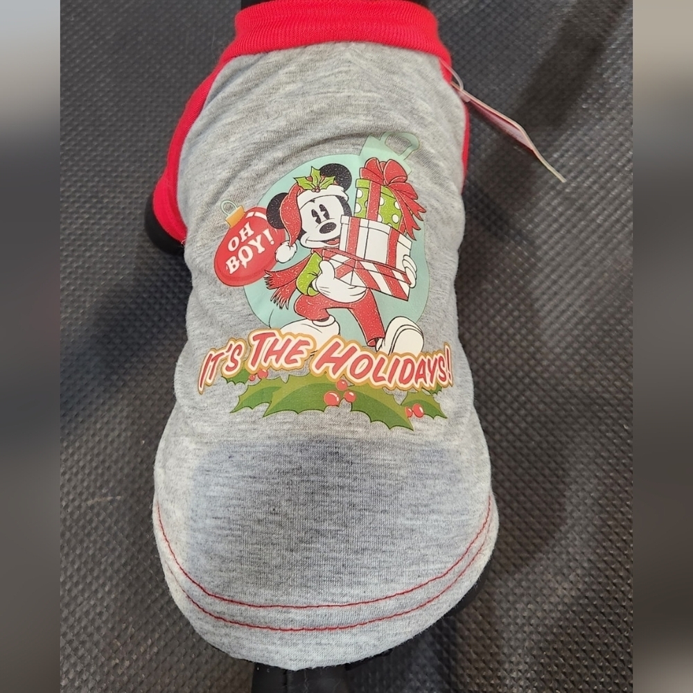 Disney Mickey Mouse Festive Red Gray Dog Christmsd Tee - Picture 2 of 2